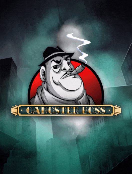 Machine à sous Gangster Boss, un gangster de dessin animé avec chapeau et cigare dans un cercle rouge, sur un fond de gratte-ciels sombres et brumeux